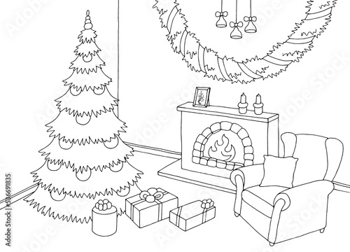 Living room graphic Christmas tree black white interior sketch illustration vector 