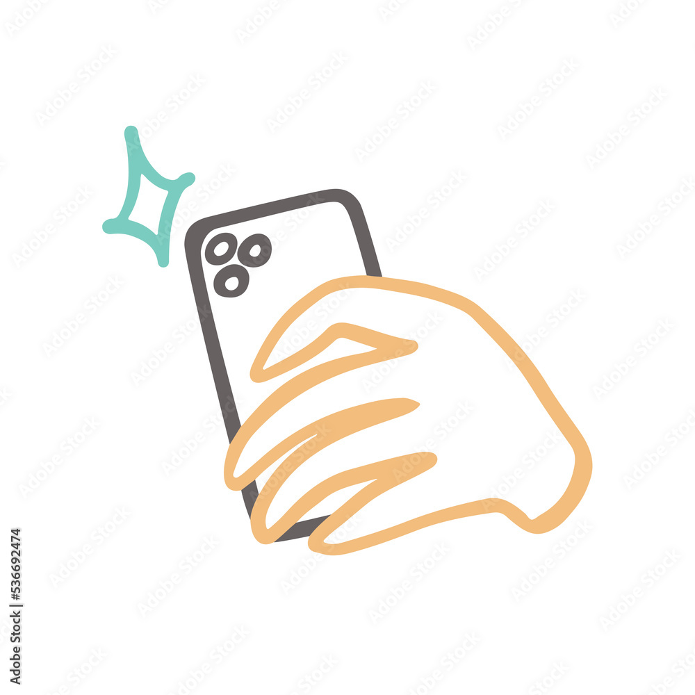 The hand holds the phone and takes a photo, the reverse side of the phone. Vector doodle cute cartoon outline icon. The hand holds the phone and takes a photo, the reverse side of the phone. Vector doodle cute cartoon outline icon.