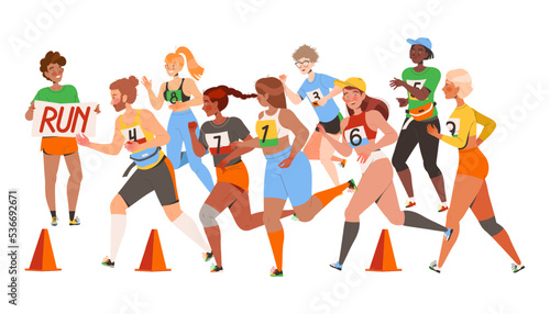 People Character Participating in Marathon Running in Sportswear with Numbers Vector Illustration