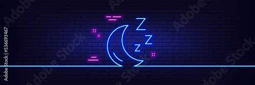 Neon light glow effect. Moon line icon. Sleep zzz sign. Night lunar symbol. 3d line neon glow icon. Brick wall banner. Moon outline. Vector