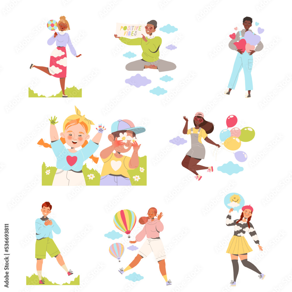 Happy People Characters Sharing Positive Vibes Smiling and Cheering Expressing Good Emotion Vector Set Happy People Characters Sharing Positive Vibes Smiling and Cheering Expressing Good Emotion Vector Set