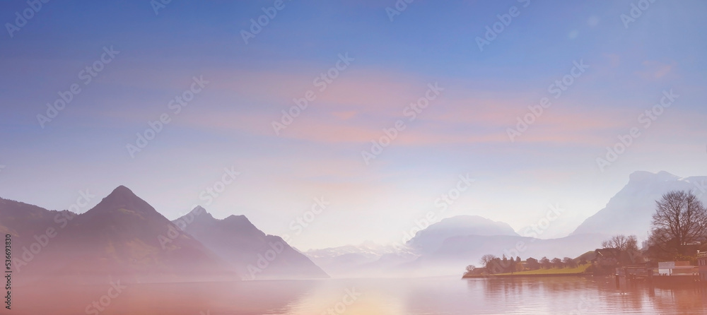 The landscape view with sunrise in the mountains as lake in Switzerland