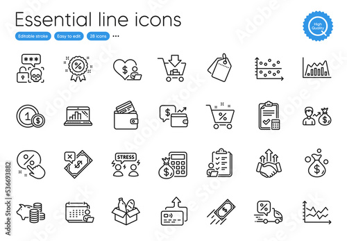 Discount, Volunteer and Piggy bank line icons. Collection of Shopping, Diagram chart, Money bag icons. Sallary, Cyber attack, Graph laptop web elements. Accounting checklist, Sale tags. Vector photo