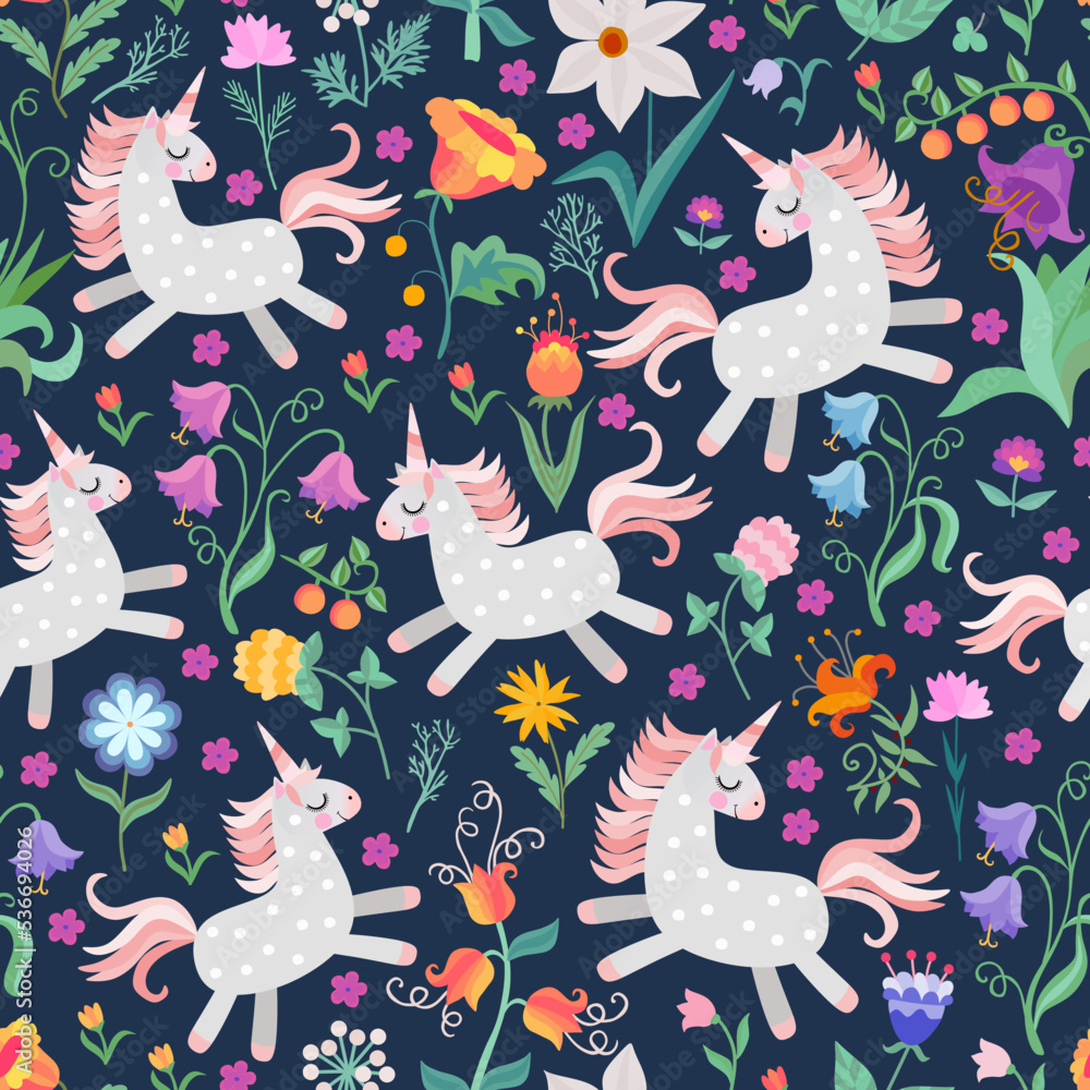 Fairytale seamless pattern with cute unicorns and flowers. Vector illustration.