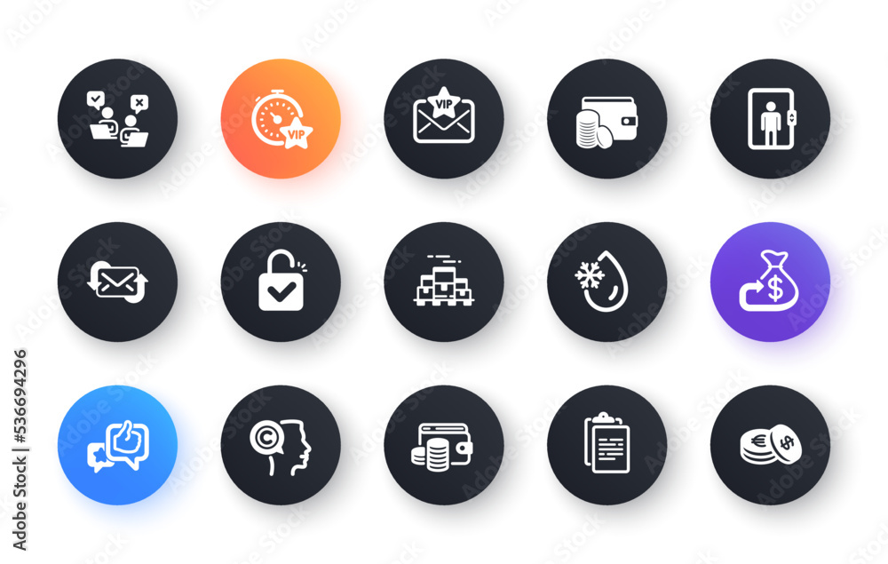 Minimal set of Vip timer, Freezing water and Vip mail flat icons for web development. Writer, Wallet money, Boxes pallet icons. Lock, Online voting, Refresh mail web elements. Cashback. Vector Minimal set of Vip timer, Freezing water and Vip mail flat icons for web development. Writer, Wallet money, Boxes pallet icons. Lock, Online voting, Refresh mail web elements. Cashback. Vector