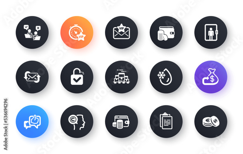 Minimal set of Vip timer, Freezing water and Vip mail flat icons for web development. Writer, Wallet money, Boxes pallet icons. Lock, Online voting, Refresh mail web elements. Cashback. Vector