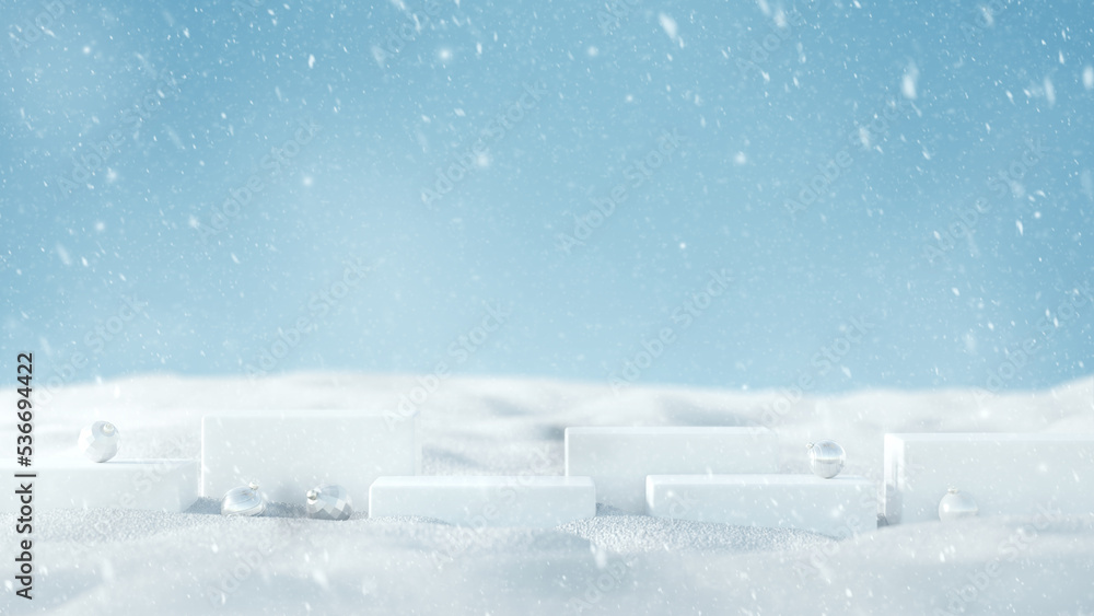 Background Christmas and new year winter holiday concept. Minimal white stage podium with snowfall on snow background, 3d rendering.