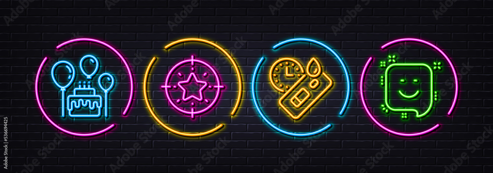 Cake, Star target and Covid test minimal line icons. Neon laser 3d lights. Smile icons. For web, application, printing. Birthday party, Winner award, Express testing. Positive feedback. Vector