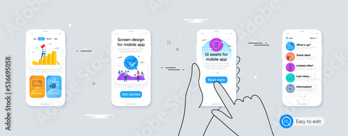 Set of Scotch bottle, Budget accounting and Payment method line icons. Phone ui interface. Include Monitor, Puzzle game, T-shirt icons. Social care, Piggy bank, Star web elements. Vector