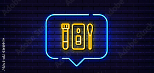 Neon light speech bubble. Nasal swab test line icon. Coronavirus testing sign. Covid test tube symbol. Neon light background. Covid test glow line. Brick wall banner. Vector