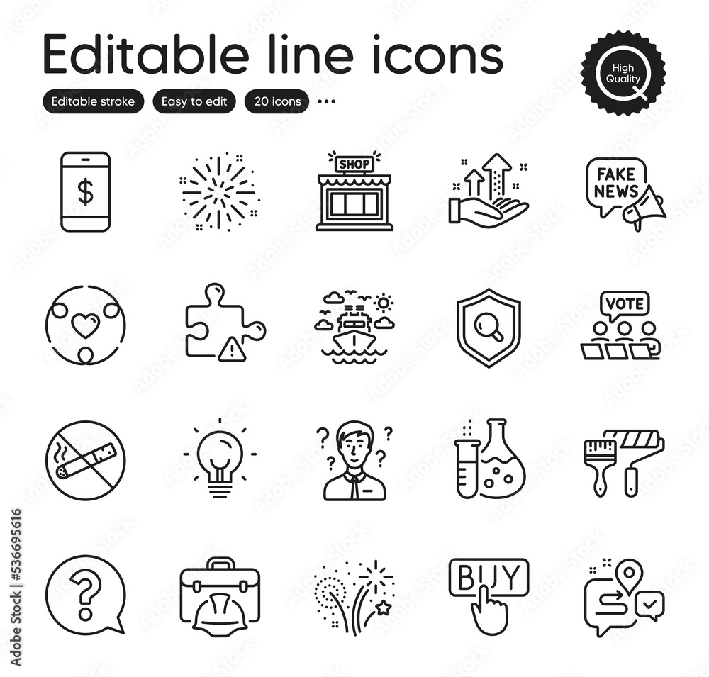 Set of Business outline icons. Contains icons as Fireworks explosion, Question mark and Paint roller elements. Analysis graph, Inclusion, Chemistry flask web signs. Support consultant. Vector Set of Business outline icons. Contains icons as Fireworks explosion, Question mark and Paint roller elements. Analysis graph, Inclusion, Chemistry flask web signs. Support consultant. Vector