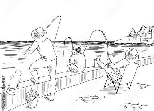 Fisherman graphic black white landscape sketch illustration vector 