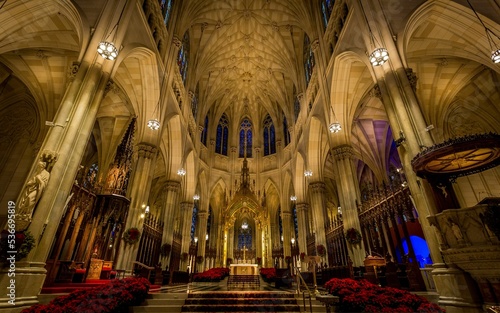 Low angle shot of St. Patrick Cathedral interior in Manhattan, New York photo