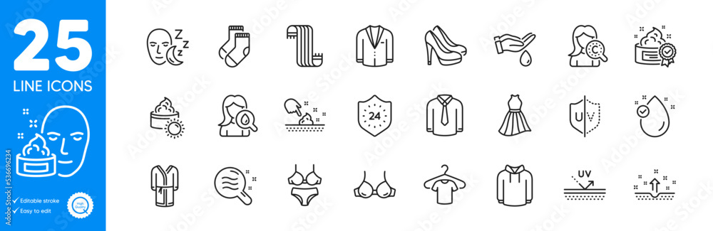 Fototapeta premium Outline icons set. Sleep, T-shirt and Clean skin icons. Face cream, Uv protection, Shirt web elements. 24 hours, Vitamin e, Lingerie signs. Uv protection, Bra, Dress. Sun cream, Hoody, Scarf. Vector