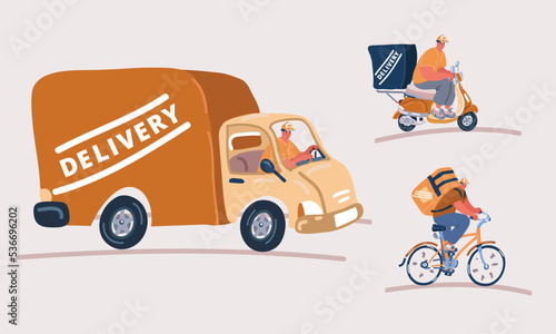 Vector illustration of Online delivery service concept, online order tracking, delivery home and office. Warehouse, truck, scooter and bicycle courier, delivery man