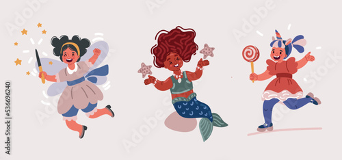 Vector illustration of little girl princess: mermaid, fairy with magic wand and unicorn costumes