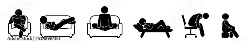 a person is sitting, poses of people sitting, an icon of a human silhouette on a chair, in an armchair and on a sofa