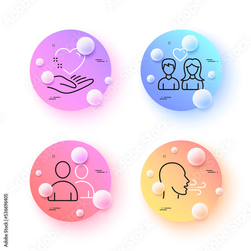 Breathing exercise, Couple love and Hold heart minimal line icons. 3d spheres or balls buttons. Users icons. For web, application, printing. Breath, People in love, Couple of people. Vector