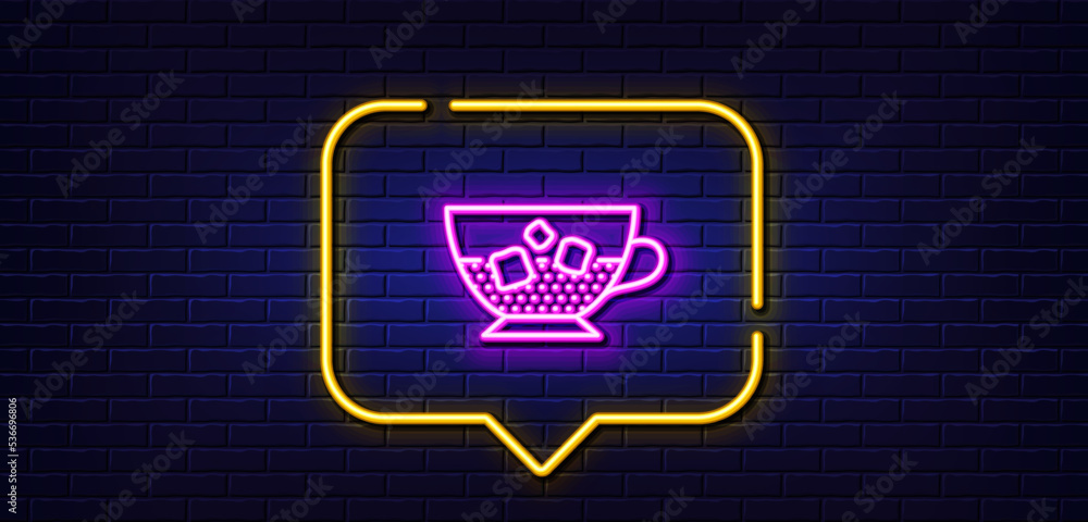 Neon light speech bubble. Coffee with ice icon. Cold drink sign. Beverage symbol. Neon light background. Cold coffee glow line. Brick wall banner. Vector Neon light speech bubble. Coffee with ice icon. Cold drink sign. Beverage symbol. Neon light background. Cold coffee glow line. Brick wall banner. Vector
