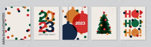 Set of creative colorful cards, flyers, posters for 2023 New Year. Numbers design. Christmas greetings. Modern minimal flat style.Печать