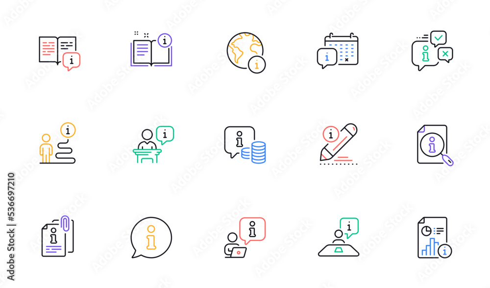 Info center line icons. Reception information, Journey path, Guide book. Call center, Faq chat bubbles, Info help desk icons. Search information and Customer help service. Vector Info center line icons. Reception information, Journey path, Guide book. Call center, Faq chat bubbles, Info help desk icons. Search information and Customer help service. Vector
