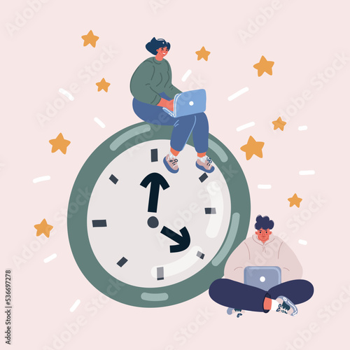 Vector illustration of Time management, effective business schedule organising. Man and woman time Work process organising outline concept