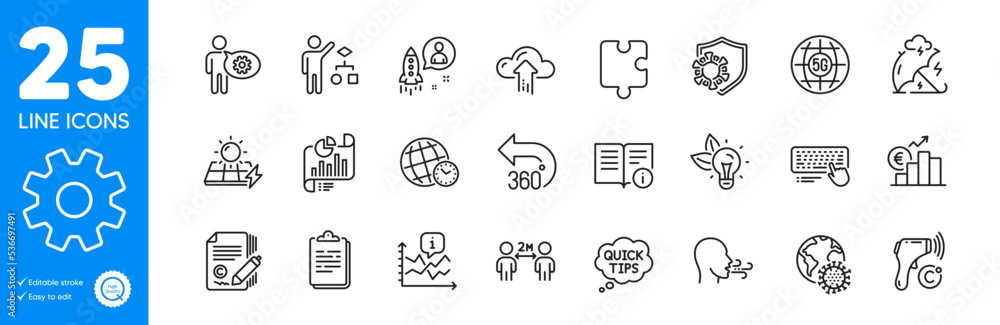 Outline icons set. 5g internet, Solar panels and Coronavirus icons. Stress protection, Clipboard, Time zone web elements. Copywriting, Eco energy, Cogwheel signs. Service, Startup, 360 degrees. Vector Outline icons set. 5g internet, Solar panels and Coronavirus icons. Stress protection, Clipboard, Time zone web elements. Copywriting, Eco energy, Cogwheel signs. Service, Startup, 360 degrees. Vector