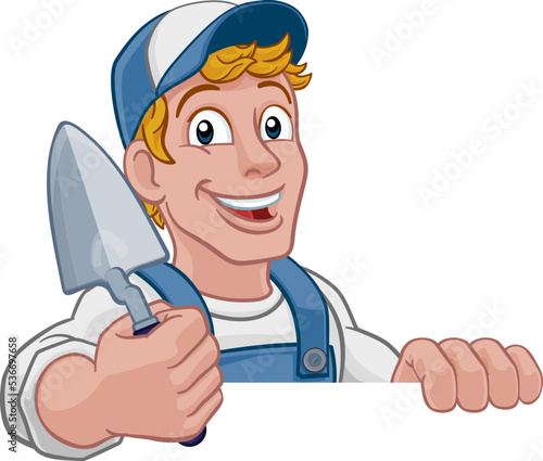 Construction site handyman builder man holding a trowel tool cartoon mascot. Peeking over a sign