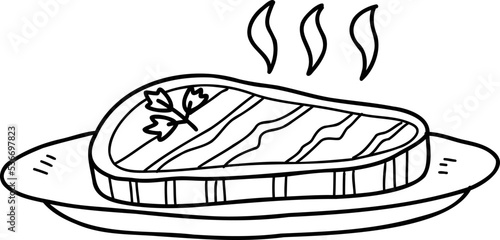 Hand Drawn Delicious beef steak on a plate illustration