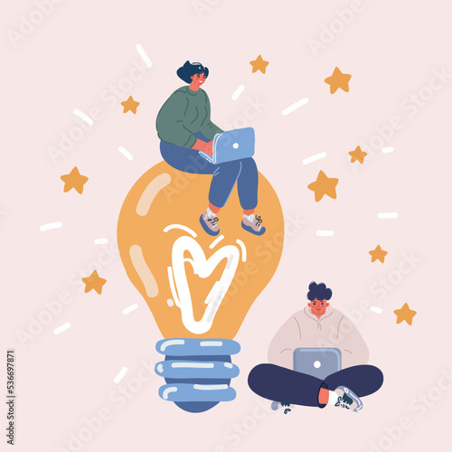 Vector illustration of people working with bulb light. Idea concept