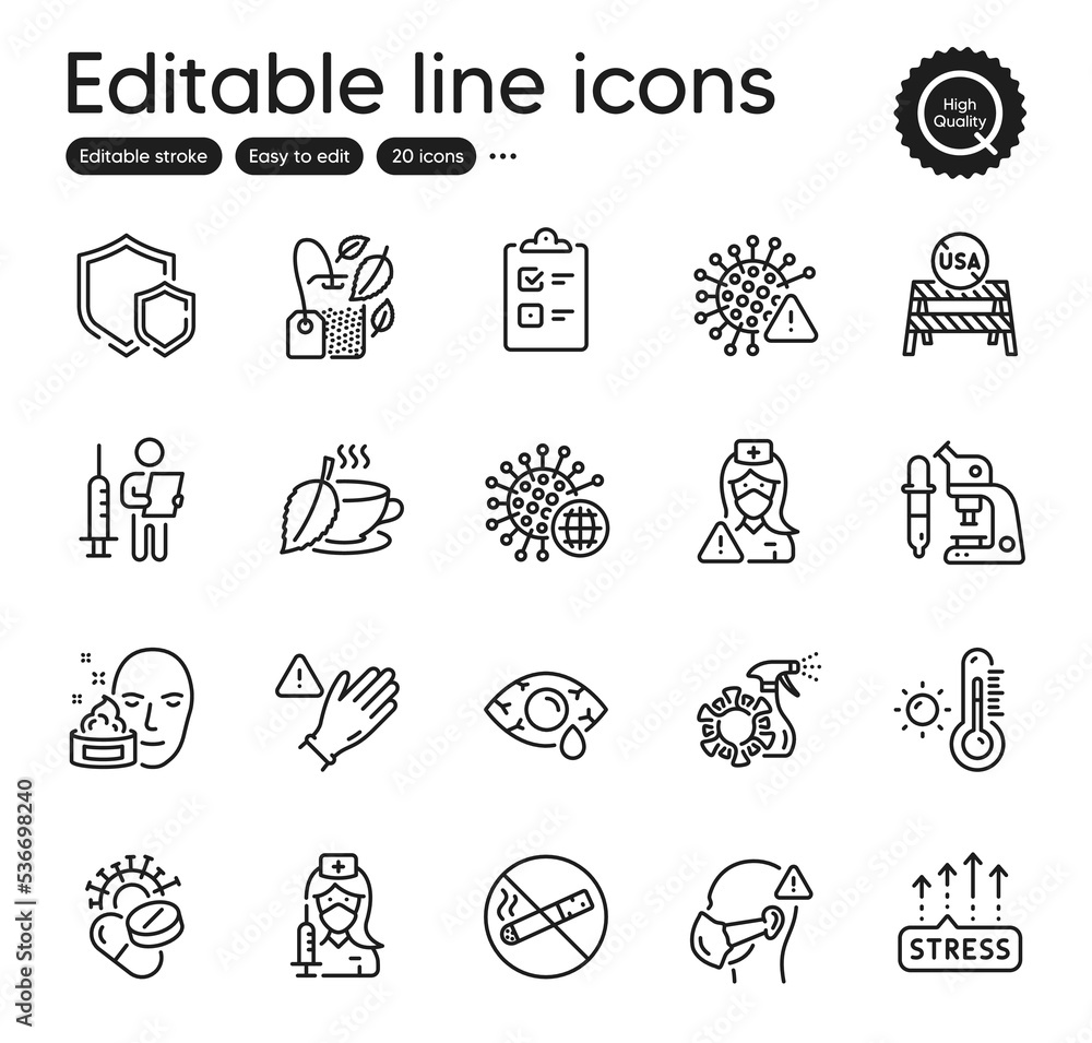 Set of Medical outline icons. Contains icons as Mint bag, Vaccination and Microscope elements. Mint tea, Covid virus, Medical mask web signs. Nurse, Usa close borders, Use gloves elements. Vector