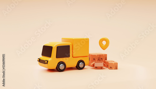 Delivery truck with cardboard and location pin tracking free shipping fast delivery car deliver express delivery transportation logistics concept background 3d rendering illustration