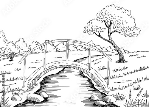 Bridge graphic river black white landscape sketch illustration vector 