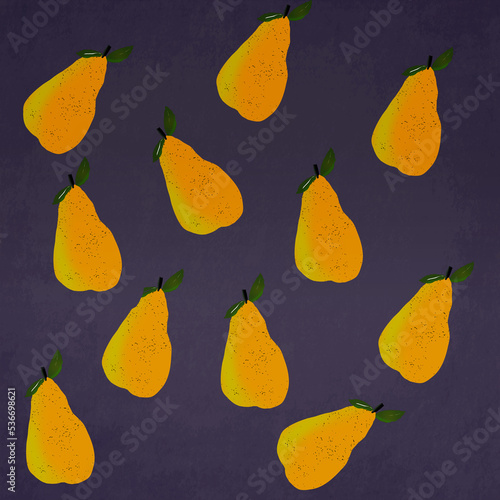 Ilustracja żółte gruszki fioletowe tło.
