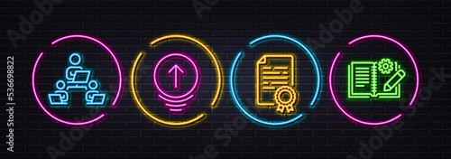 Certificate diploma, Teamwork and Swipe up minimal line icons. Neon laser 3d lights. Engineering documentation icons. For web, application, printing. Document file, Remote work, Scrolling page. Vector
