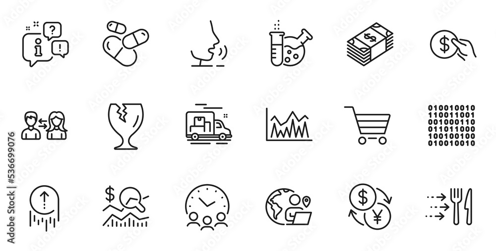 Outline set of Check investment, Market sale and Chemistry lab line icons for web application. Talk, information, delivery truck outline icon. Vector