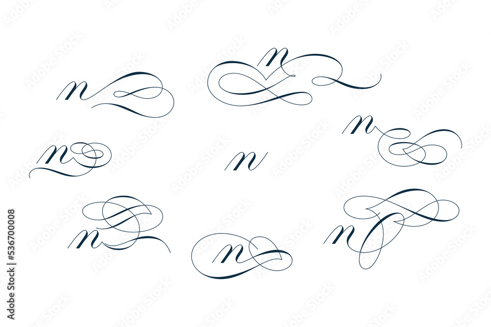 Obraz premium Set of beautiful calligraphic flourishes on letter n isolated on white background for decorating text and calligraphy on postcards or greetings cards. Vector illustration.