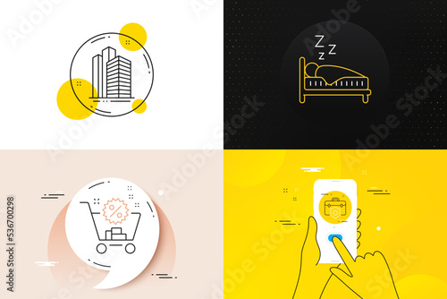 Minimal set of Sleep, Skyscraper buildings and Shopping cart line icons. Phone screen, Quote banners. Medical insurance icons. For web development. Human in bed, Town architecture, Discount. Vector