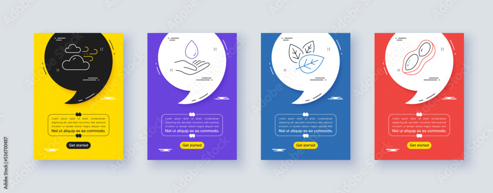 Set of Organic tested, Windy weather and Water care line icons. Poster offer frame with quote, comma. Include Peanut icons. For web, application. Bio ingredients, Cloud wind, Aqua drop. Vector