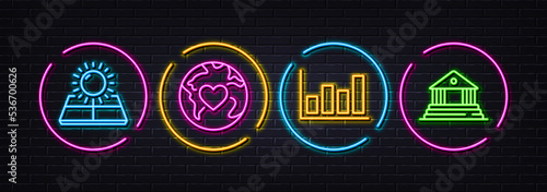 Donation, Sun energy and Report diagram minimal line icons. Neon laser 3d lights. Court building icons. For web, application, printing. Volunteer care, Solar panels, Financial market. Vector
