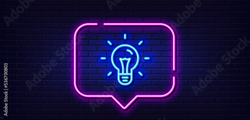 Neon light speech bubble. Idea line icon. Light bulb sign. Copywriting symbol. Neon light background. Idea glow line. Brick wall banner. Vector