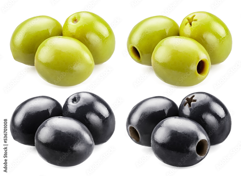 Groups of green and black pitted and whole olives isolated on white background. Groups of green and black pitted and whole olives isolated on white background.