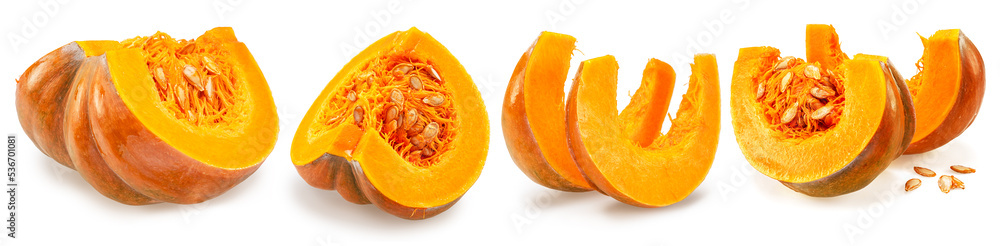 Orange round pumpkins and pumpkin slices isolated on white background.