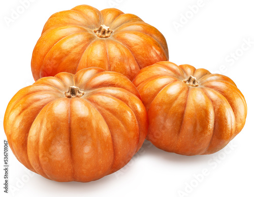 Orange round pumpkins isolated on white background. File contains clipping path.