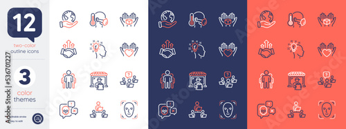 Set of Face detection, Hold box and Teamwork line icons. Include Idea, Delivery market, Teamwork question icons. Hold heart, Group, Deal web elements. Cyber attack, Sick man, Save planet. Vector