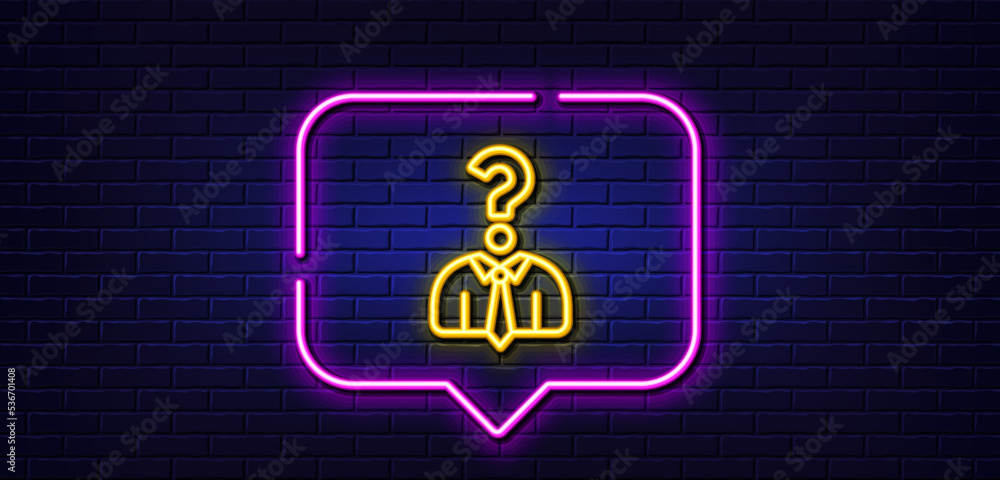Neon light speech bubble. Business head hunting line icon. Question sign. Human resources symbol. Neon light background. Hiring employees glow line. Brick wall banner. Vector Neon light speech bubble. Business head hunting line icon. Question sign. Human resources symbol. Neon light background. Hiring employees glow line. Brick wall banner. Vector