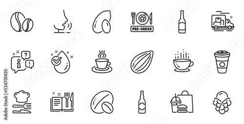Outline set of Beer bottle, Soy nut and Coffee cup line icons for web application. Talk, information, delivery truck outline icon. Include Peanut, Tea cup, Food icons. Vector