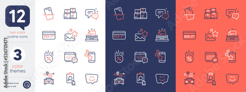 Set of Typewriter, Smartphone waterproof and Best app line icons. Include Employees messenger, Favorite mail, Inspect icons. Message, Journey, Smile face web elements. Bicolor outline icon. Vector