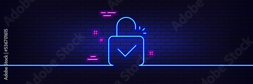 Neon light glow effect. Lock line icon. Padlock approved sign. Security access symbol. 3d line neon glow icon. Brick wall banner. Lock outline. Vector