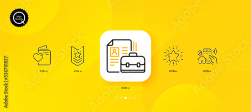 Love document, Star and Shoulder strap minimal line icons. Yellow abstract background. Vacancy, House security icons. For web, application, printing. Registry office, Best rate, Star rank. Vector
